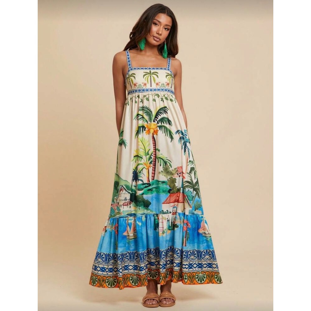 Tropical Scenic Print Maxi Dress Palm Tree Coastal Resort Tiered Sun Dress Large